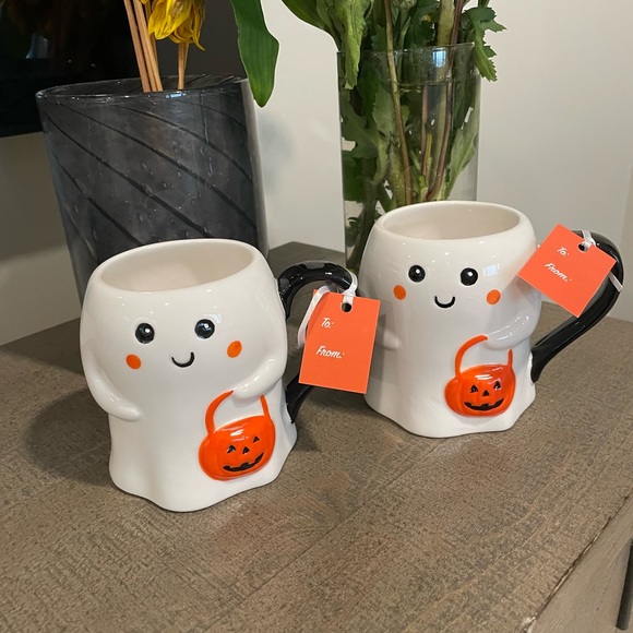 LANG WHITE CERAMIC GHOST MUGS W/ORANGE PUMPKINS 2023 - Picture 3 of 7